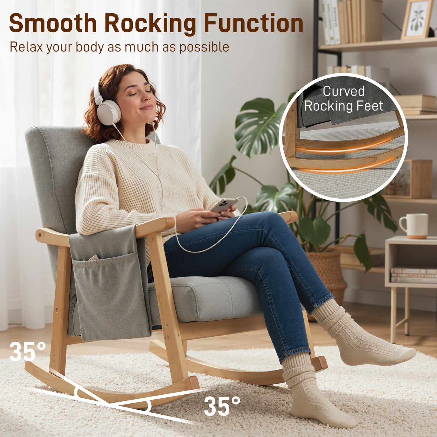 HOMCOM Wood Frame Rocking Accent Chair - Light Grey