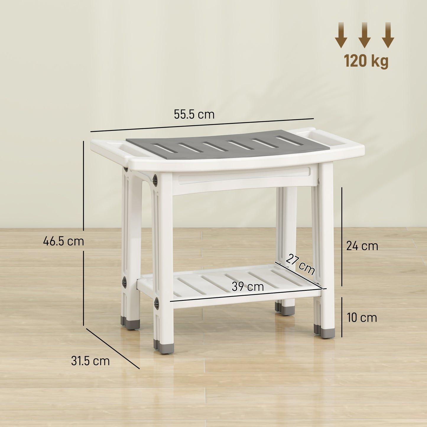 HOMCOM Shower Bench 2-Tier Shower Stool Bathroom with Shelf White and Grey
