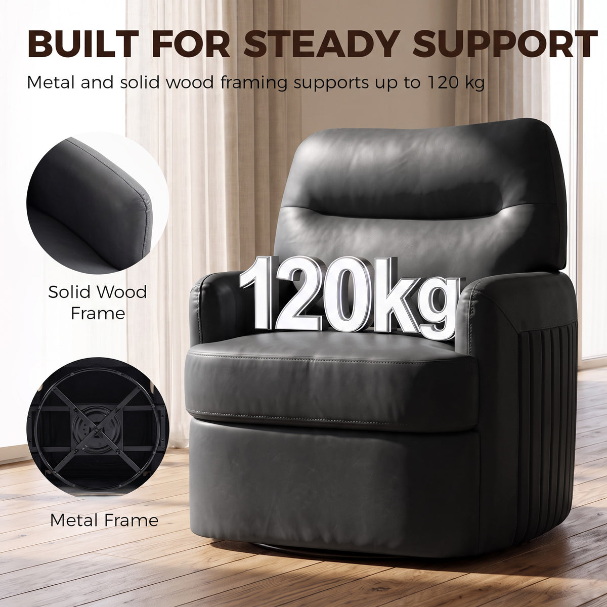 HOMCOM 360Â° Swivel Accent Chair, Modern Armchair with Thick Cushion, PU Leather Upholstered, Dark Grey