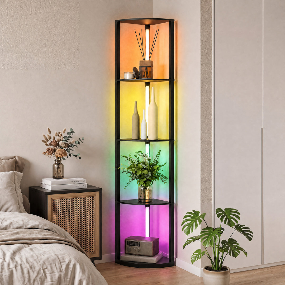 HOMCOM RGB LED Floor Lamp with Shelves, 4-Tier Dimmable Standing Lamp with Adjustable Brightness and Remote Control, Black