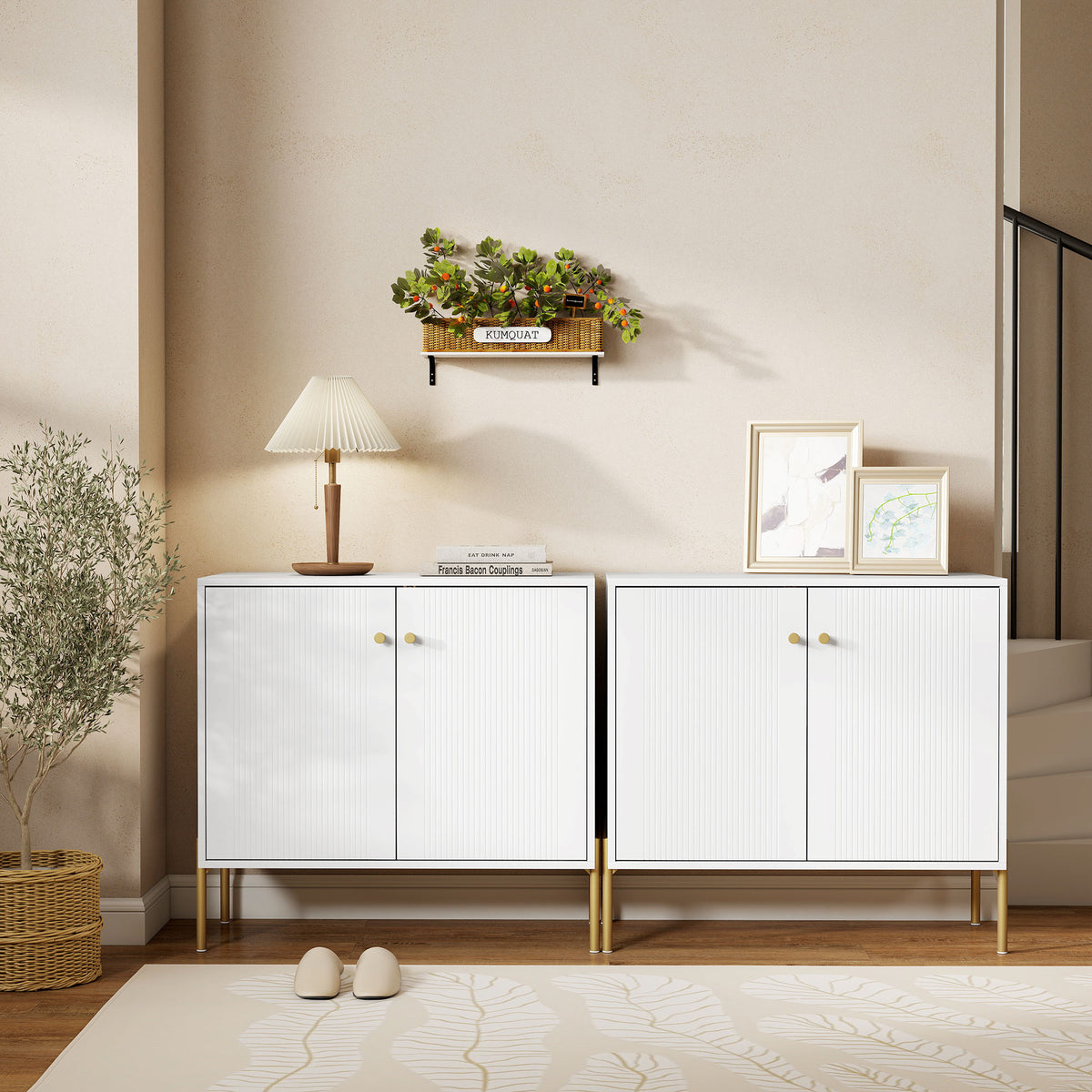 HOMCOM Modern Sideboard Cabinet with Fluted Doors, Kitchen Storage Cabinet with Adjustable Shelf and Steel Legs, White