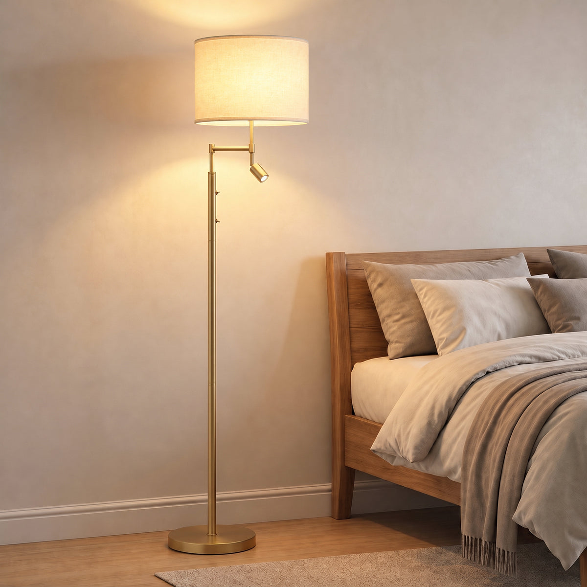 HOMCOM Modern Floor Lamp with Built-In Reading Light, Standing Lamp with Independent Switch, Copper