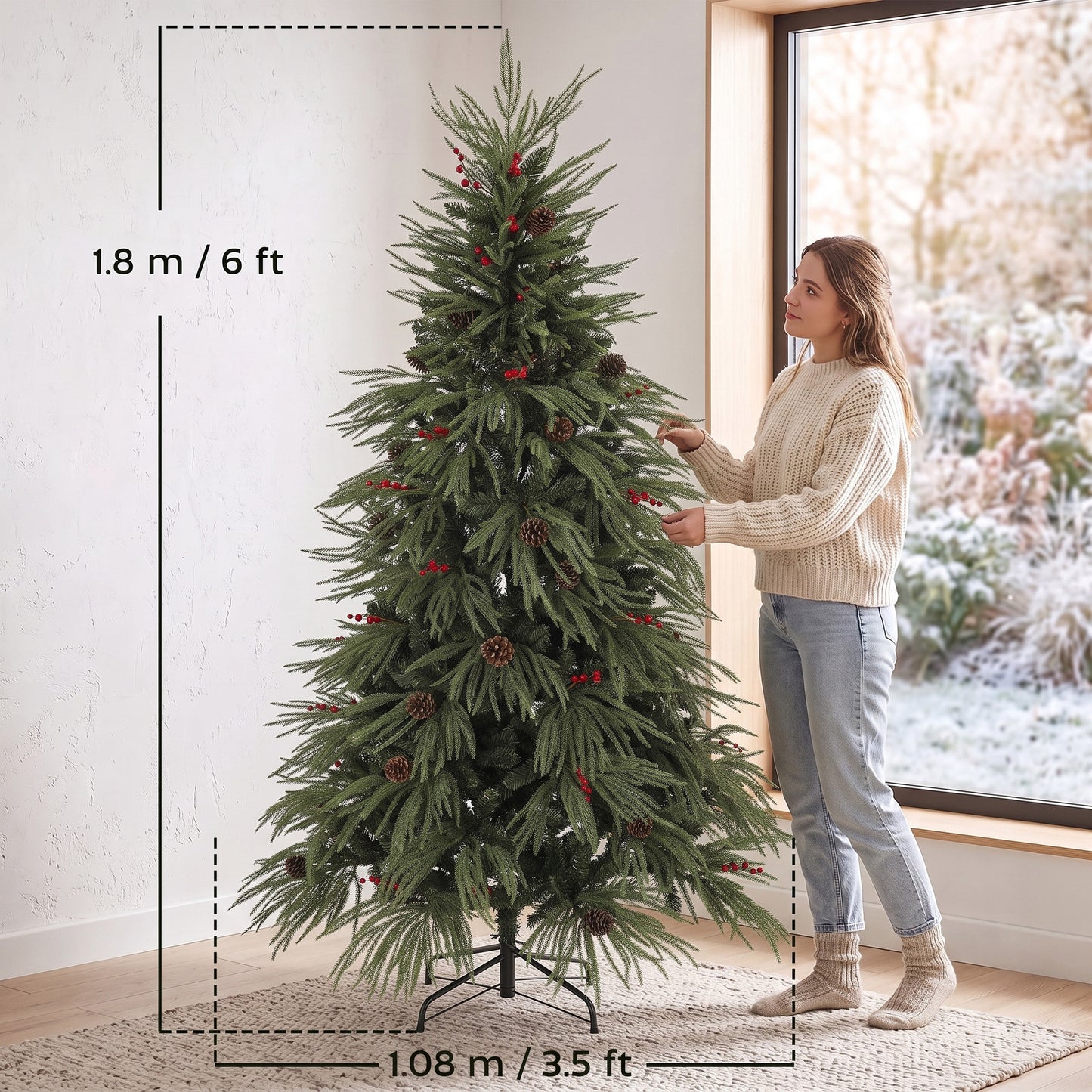 HOMCOM 6ft Artificial Christmas Tree with Pinecones, Red Berries, Hinged Predecorated Xmas Tree with 2843 Branch Tips