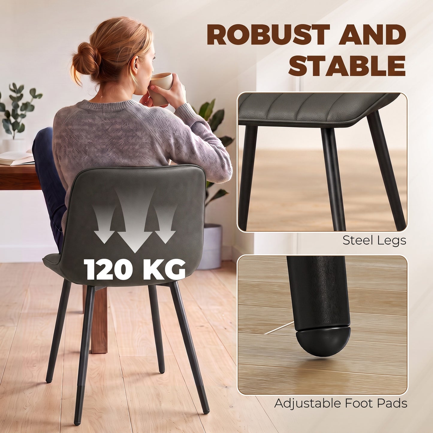 HOMCOM Faux Leather Upholstered Kitchen Chairs, Modern Dining Chairs Set of 2 with Metal Legs for Dining Room, Grey