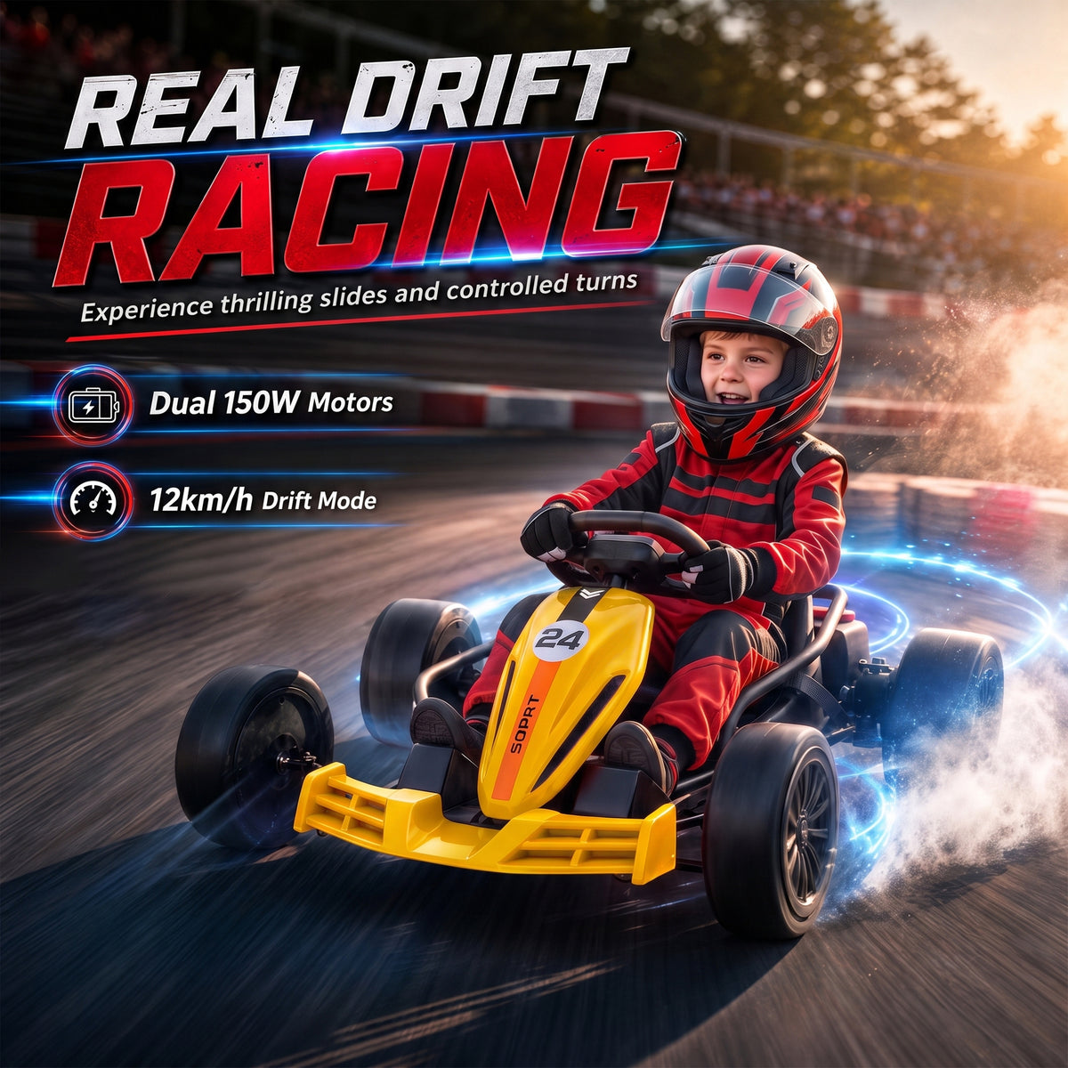 AIYAPLAY 24V Electric Go Kart for Kids, Ride On Racing Go Kart with Dual 150W Motors, 12KM/H Max Speed for Ages 6-14, Yellow