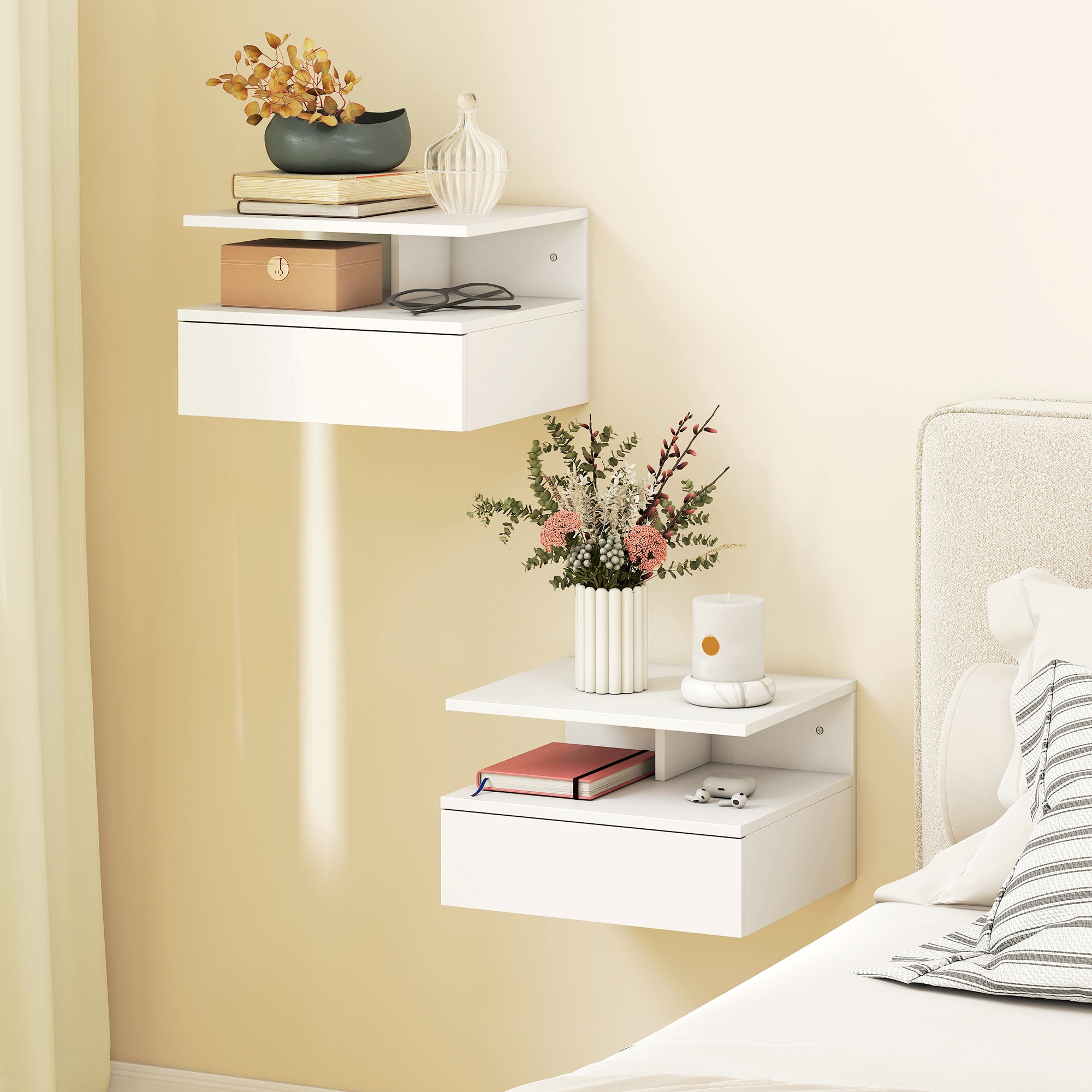 HOMCOM Set of Two Floating Bedside Tables - White – LiamsBargains.co.uk