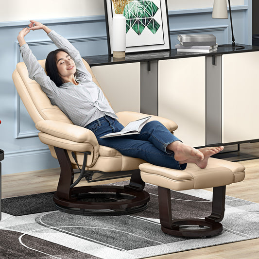 HOMCOM Faux Leather 135° Reclining Chair and Footstool - Beige