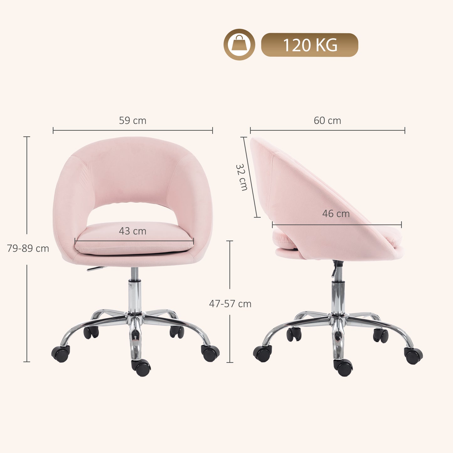 HOMCOM Velvet Desk Chair, Modern Office Chair with Height-Adjustable, Wheels, for Home Study Bedroom, Pink