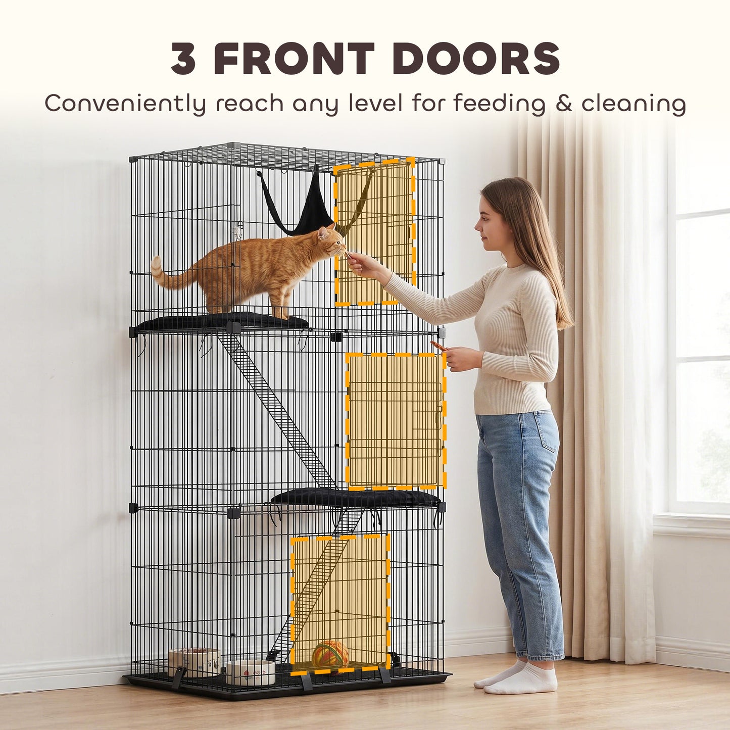 PawHut 3-Tier Large Cat Cage Indoor, Detachable Metal Wire Kennel with Hammock, Platforms, Tray and Cushions for 1-2 Kittens