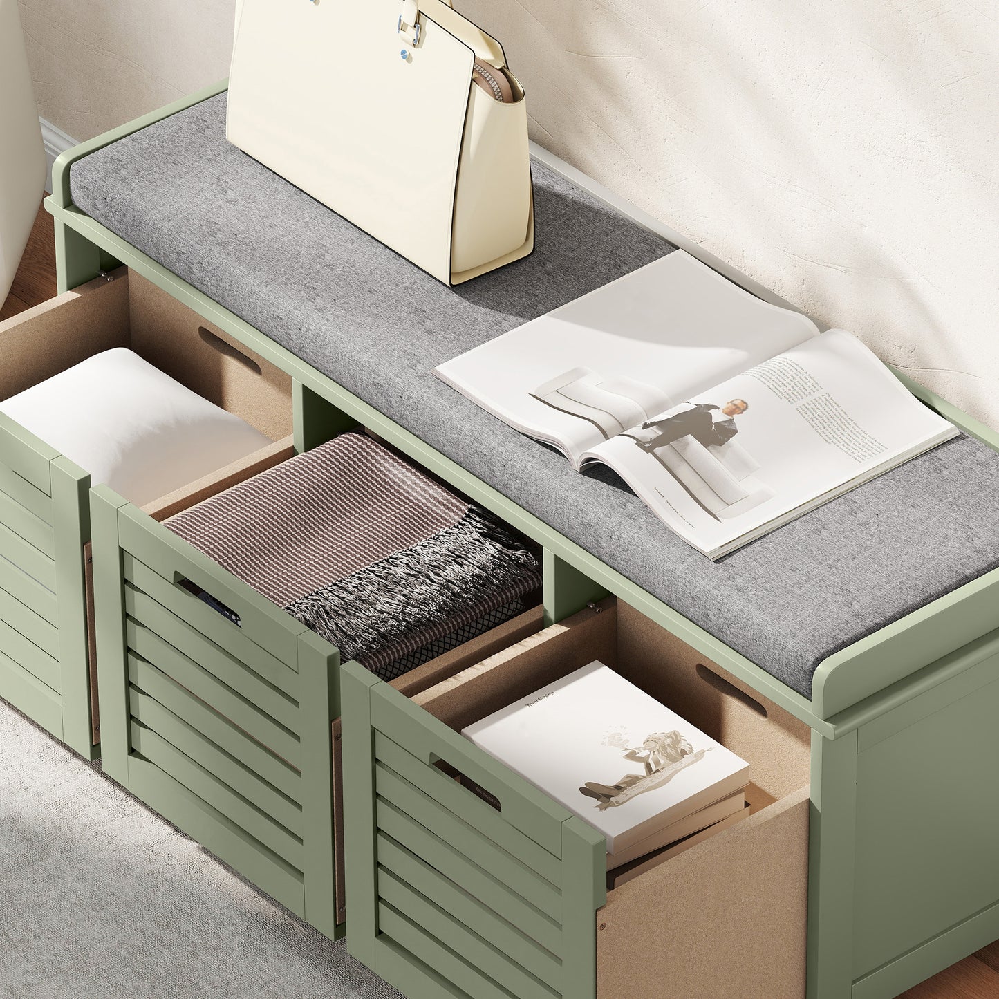 HOMCOM 3-Drawer Shoe Storage Bench - Green