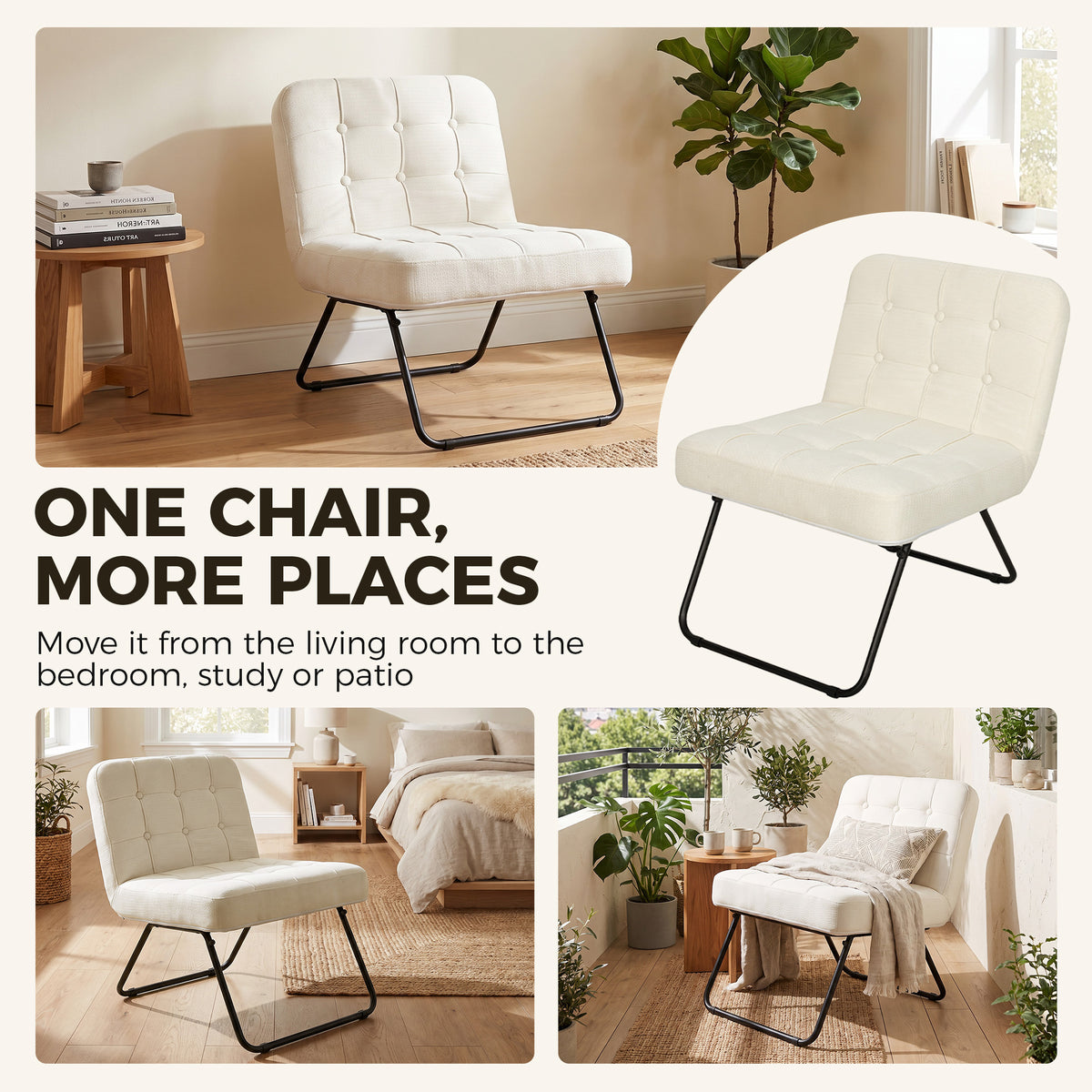 HOMCOM Modern Accent Chair, Foldable Chenille Upholstered Lounge Chair with Backrest, Wide Seat, Cream