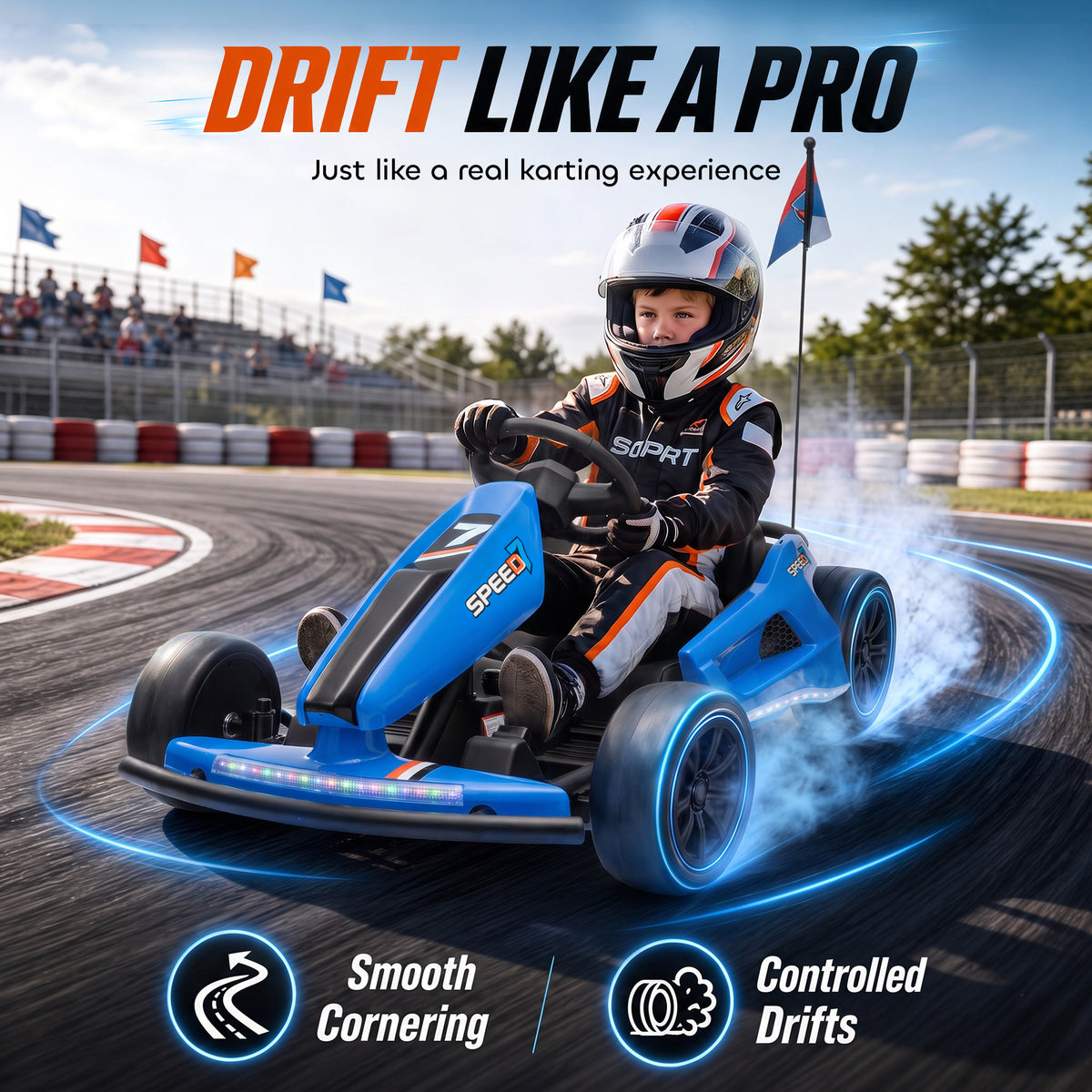 AIYAPLAY 24V Electric Drift Go Kart for Kids with Dual Motors, Soft Start, 12 KM/H High Speed, Headlight, for Ages 6-14, Blue