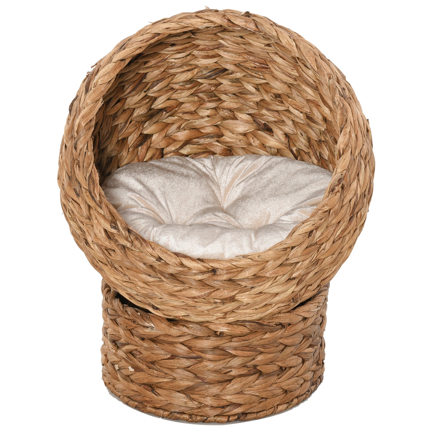 PawHut Woven Banana Leaf Elevated Cat Bed Wicker Kitten Basket Pet Den, House Cosy Cave with Soft Cushion Dome 50x42x60cm Brown