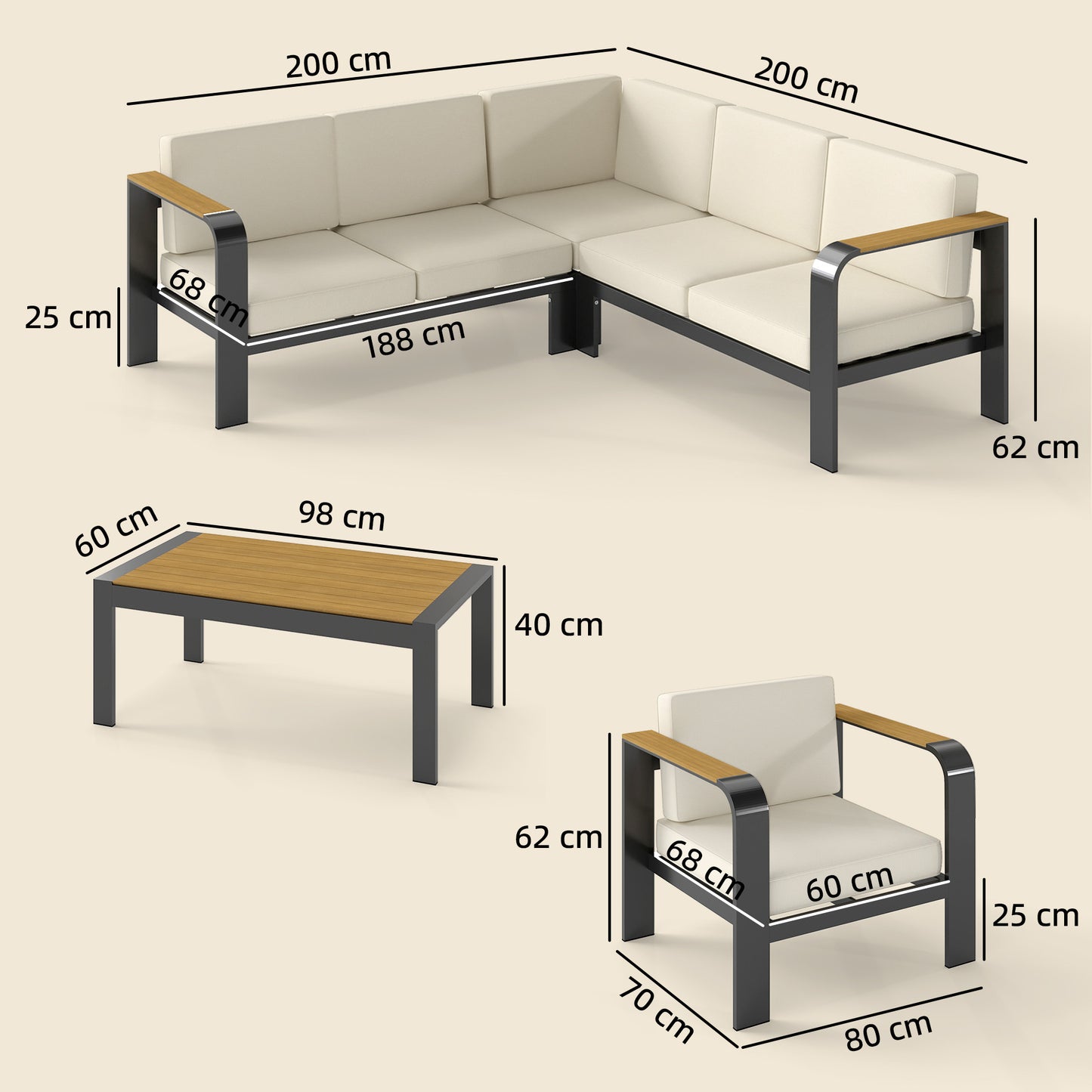 Outsunny 3 Pieces Garden Furniture Set with L-Shaped Sofa, Armchair and Coffee Table, Aluminium Garden Corner Sofa Set