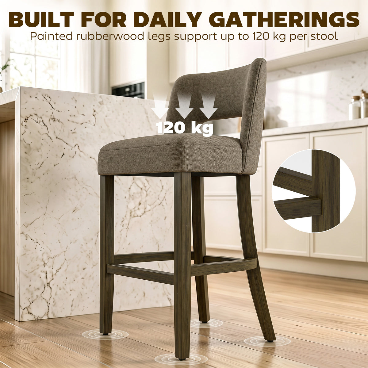 HOMCOM Bar Stools Set of 2, Counter Height Bar Stools with Curved Backrest, for Kitchen Island, Dining Room, Living Room, Brown