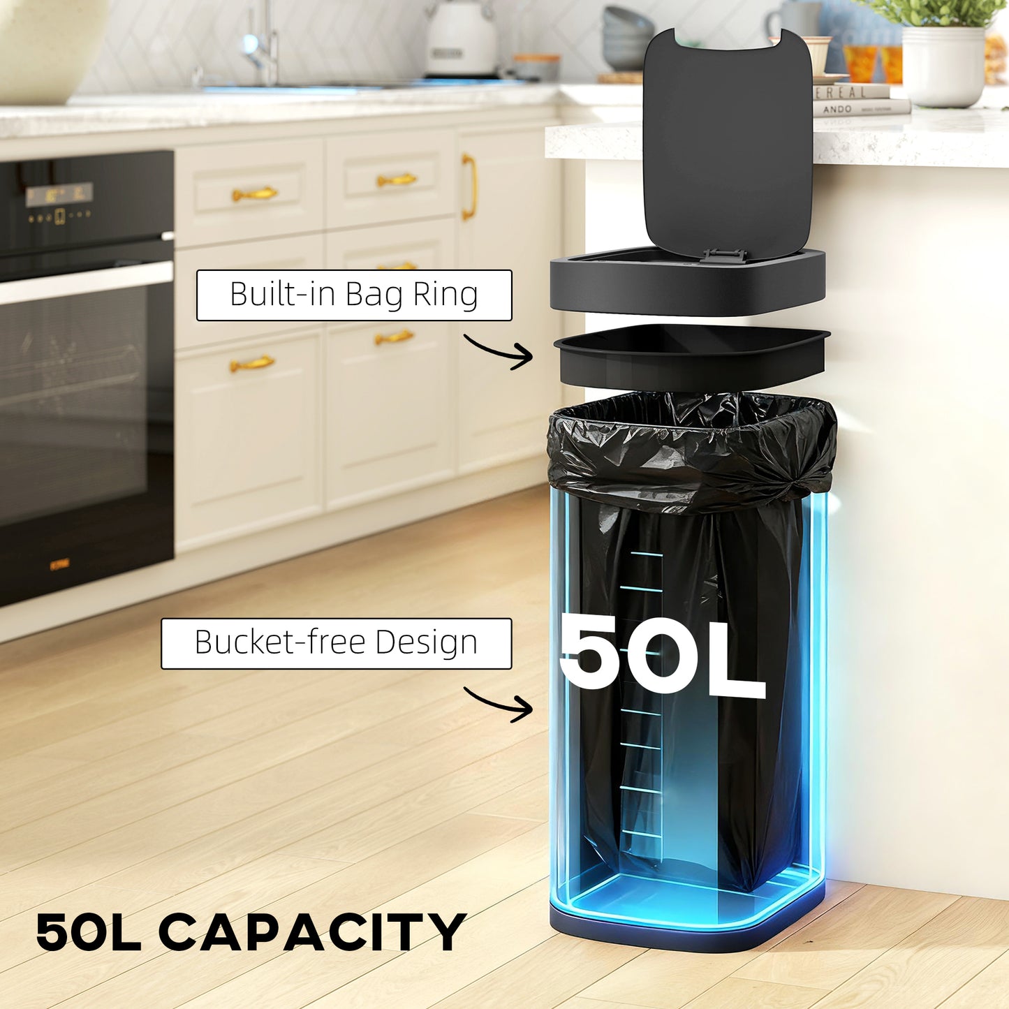 HOMCOM 50L Sensor Bin, Automatic Kitchen Bin, Manual Override, Battery Operated, Inner-Bucket-Free, for Kitchen, Bedroom, Black
