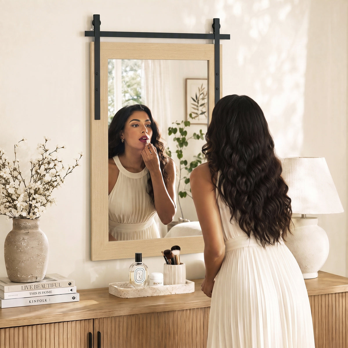 HOMCOM 86.5 x 61 cm Rectangle Mirror, Farmhouse Wall Mirror for Living Room, Bedroom, Hallway, White Oak