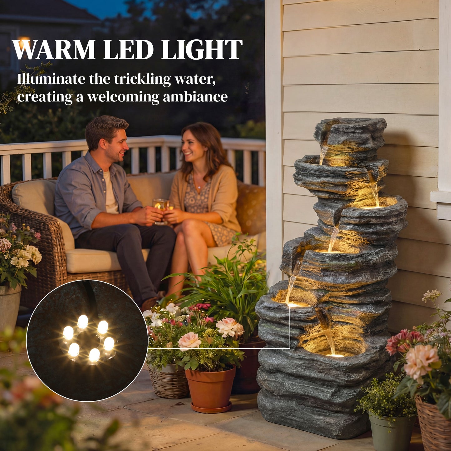 Outsunny Outdoor Fountain, 6-Tier Cascading Waterfall Feature with LED Lights, Resin Freestanding Garden Fountain, Grey