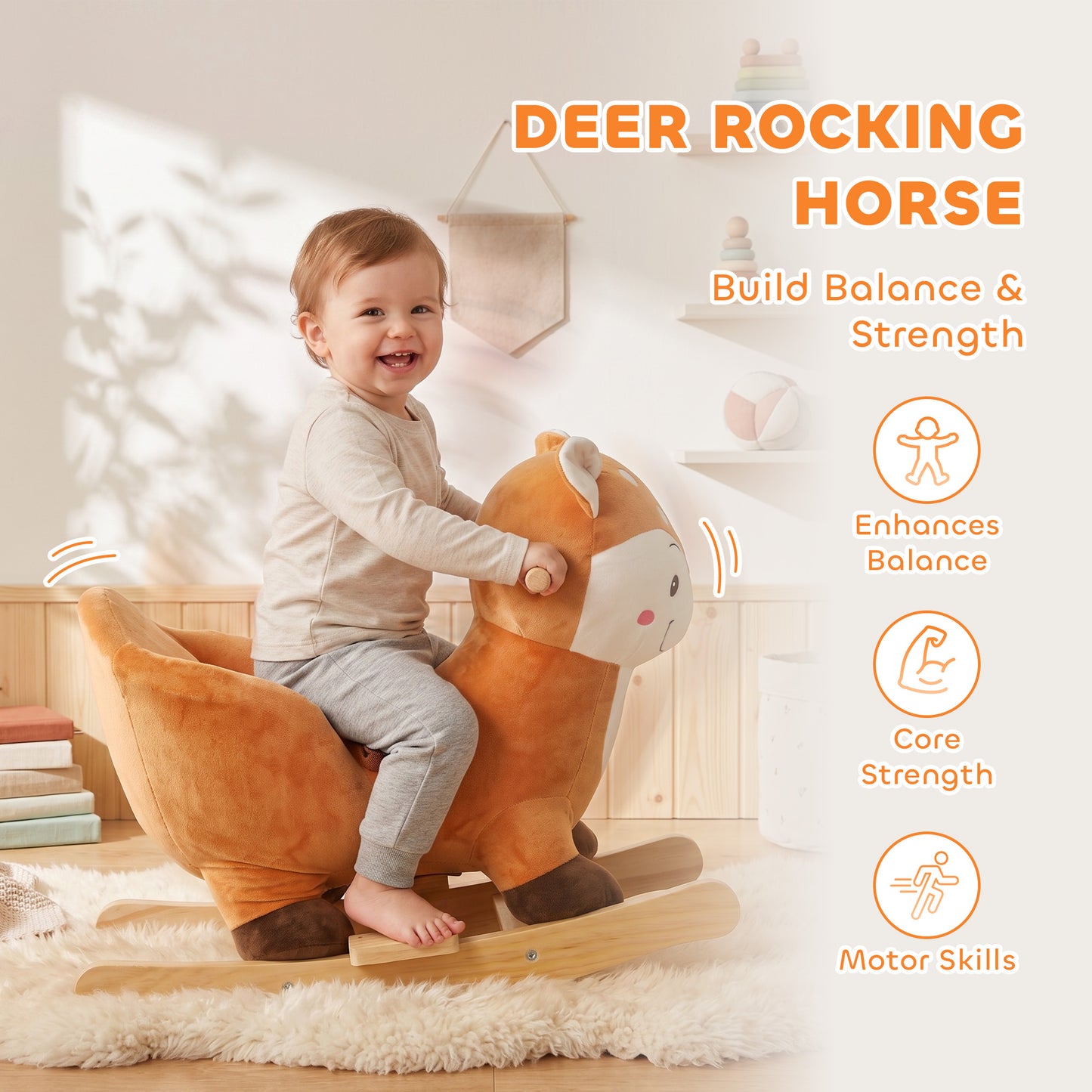 AIYAPLAY Rocking Horse, Ride on Horse Deer Design with Sounds, Security Belt, Rocking Stopper, for Toddlers 1-3 Years, Brown