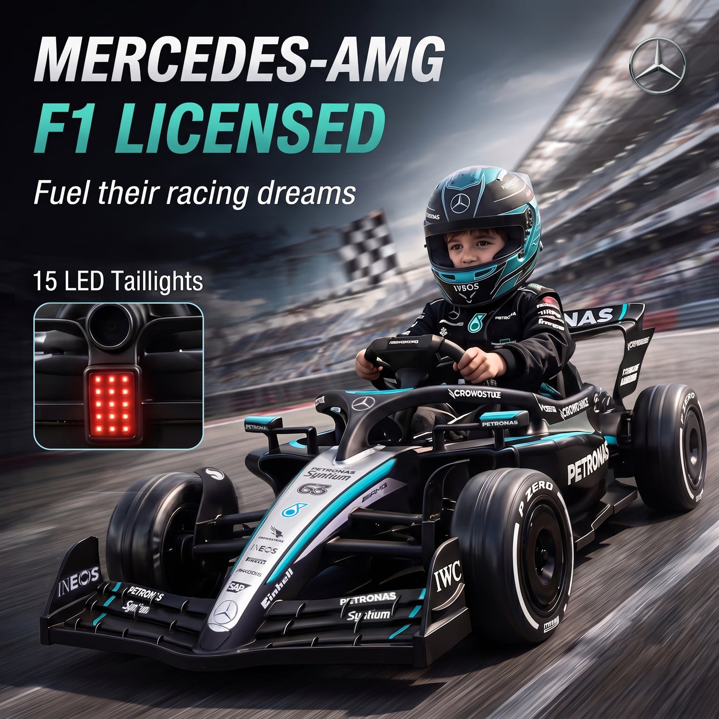 AIYAPLAY Licensed Mercedes-AMG PETRONAS F1 12V Electric Go Kart for Kids with Remote, Rear Suspension, Soft Start and 3 Speeds