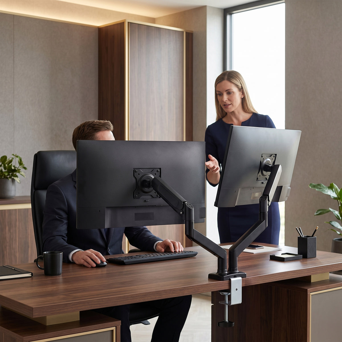 HOMCOM Dual Monitor Stand for 2 Screens up to 32", Height Adjustable Monitor Riser with Tilt & Swivel