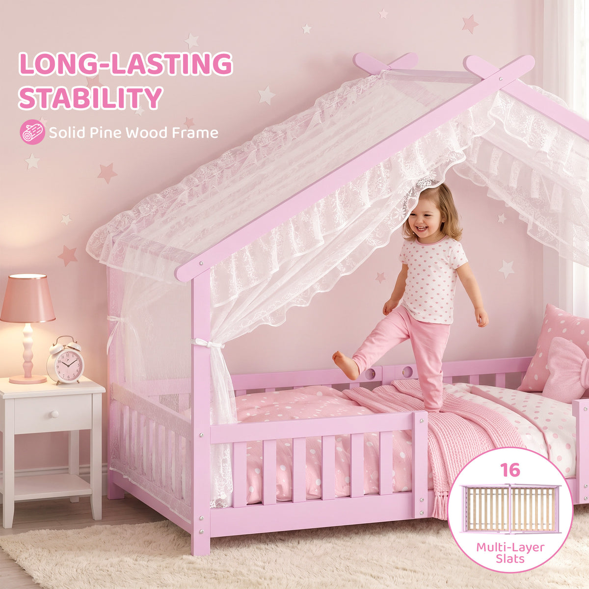 AIYAPLAY Wooden Kids House Single Bed Frame, Solid Pine Wood Toddler Bed with Dual Guardrails for Children, Boys, Girls, Pink