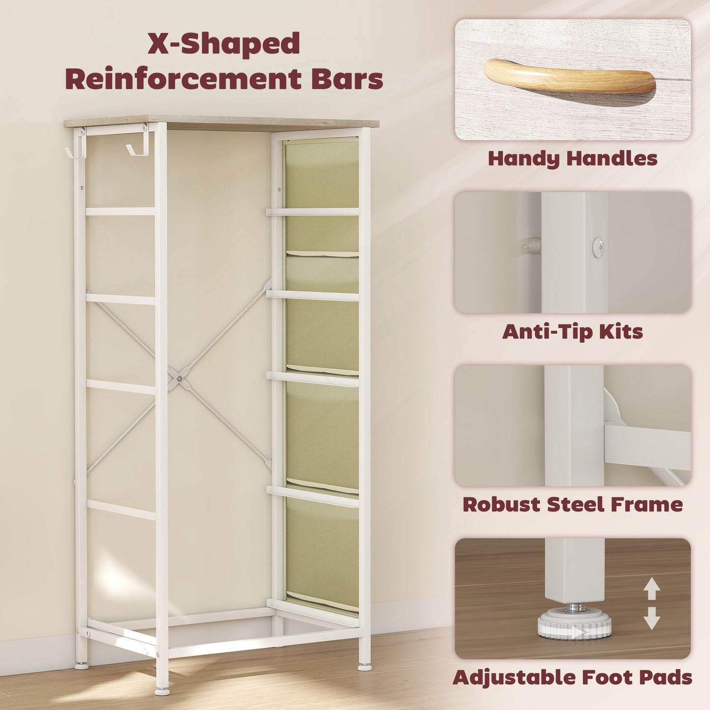 HOMCOM Chest of Five Fabric Drawers - Natural Wood Finish