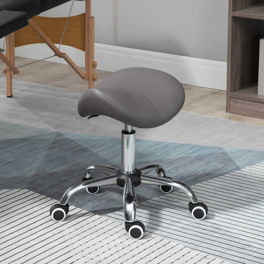 HOMCOM Cosmetic Stool 360Â° Rotate Height Adjustable Salon Massage Spa Chair Hydraulic Rolling Faux Leather Saddle Stool, Grey