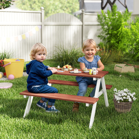 Outsunny Kids Picnic Table, Wooden Table and Bench Set, Kids Garden Furniture for Patio Aged 3-8 Years Old, Brown