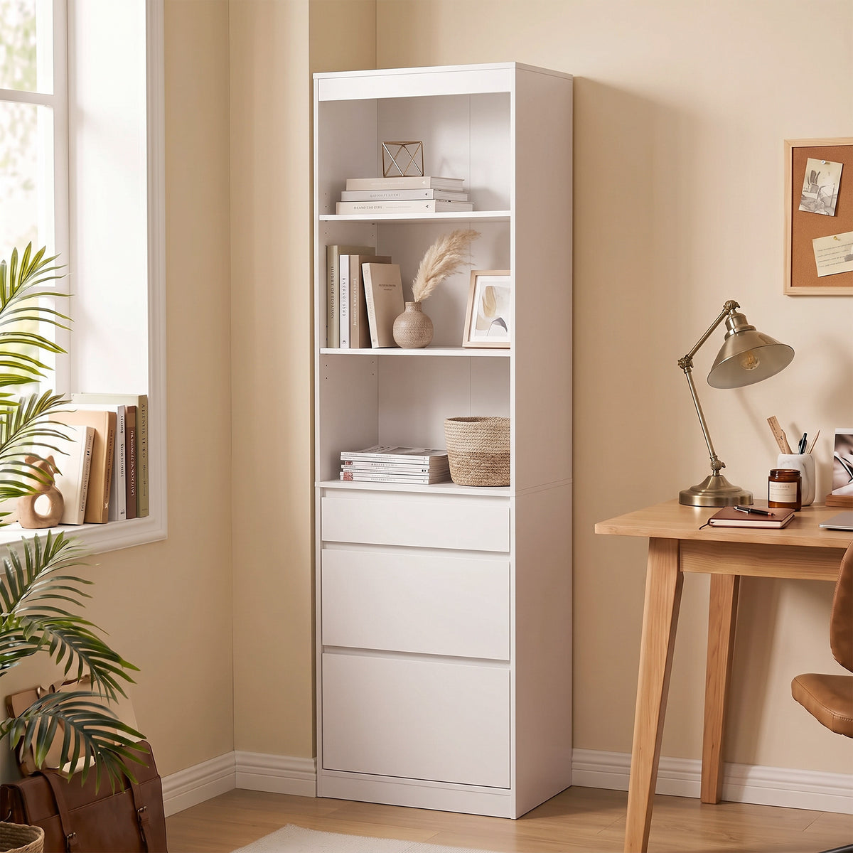 HOMCOM Bookcase with Drawers Adjustable Shelves Book Shelf for Study Living Room White