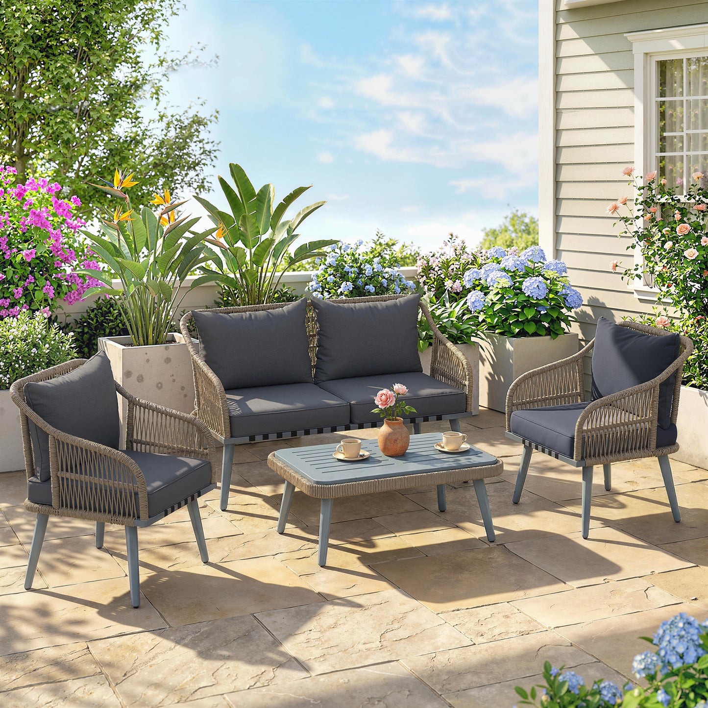 Outsunny 4 Piece Rattan Garden Furniture Set with Loveseat, Wicker Patio Conversation Set, Grey
