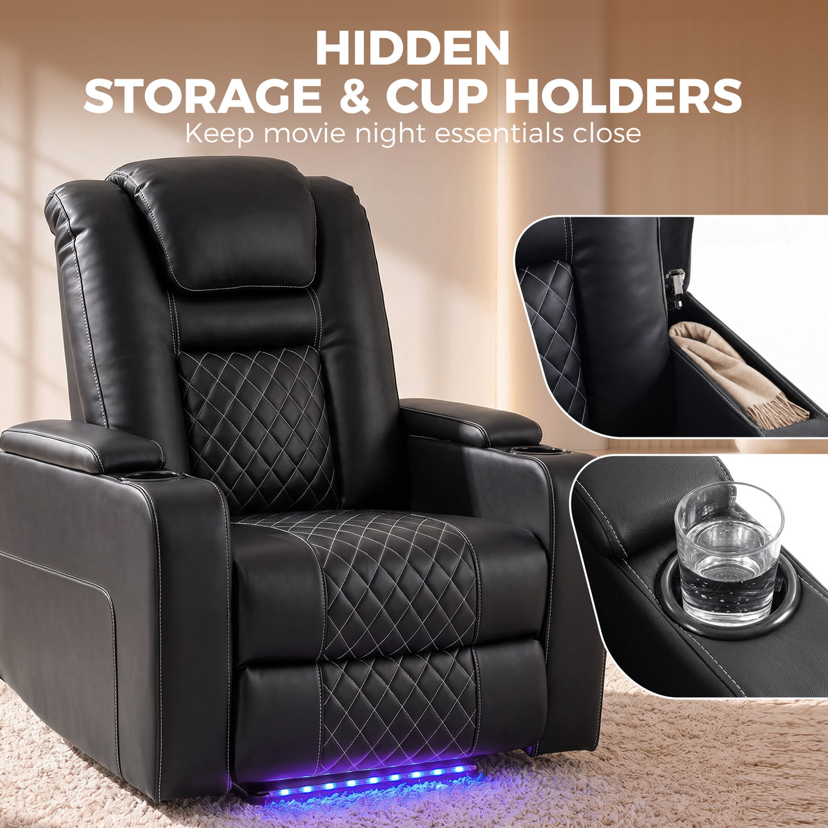 HOMCOM Electric Recliner Chair, Air Leather Recliner Armchair with LED Light, Wide Spring Cushion, USB-A and USB-C Ports, Black