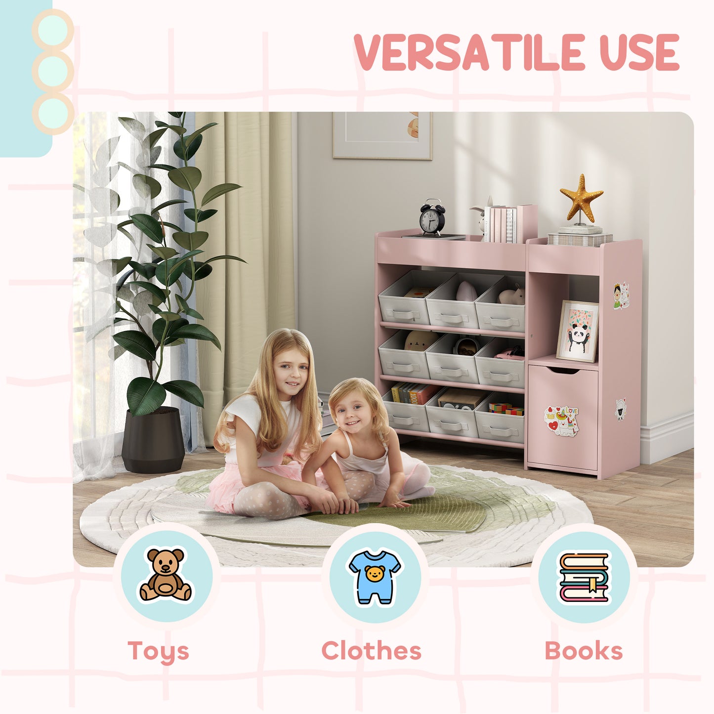 AIYAPLAY Kids Toy Storage, 9 Removable Fabric Bins, Wooden Toy Storage Units for Toys and Books for Bedroom, Nursery, Pink