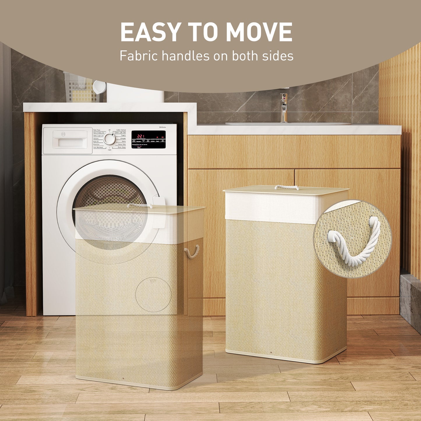 HOMCOM Bamboo Laundry Basket with Lid, 72L Laundry Hamper with Rope Handles, Washing Basket with Removable Washable Liner Bag for Bathroom, Bedroom, Nature Wood Finish