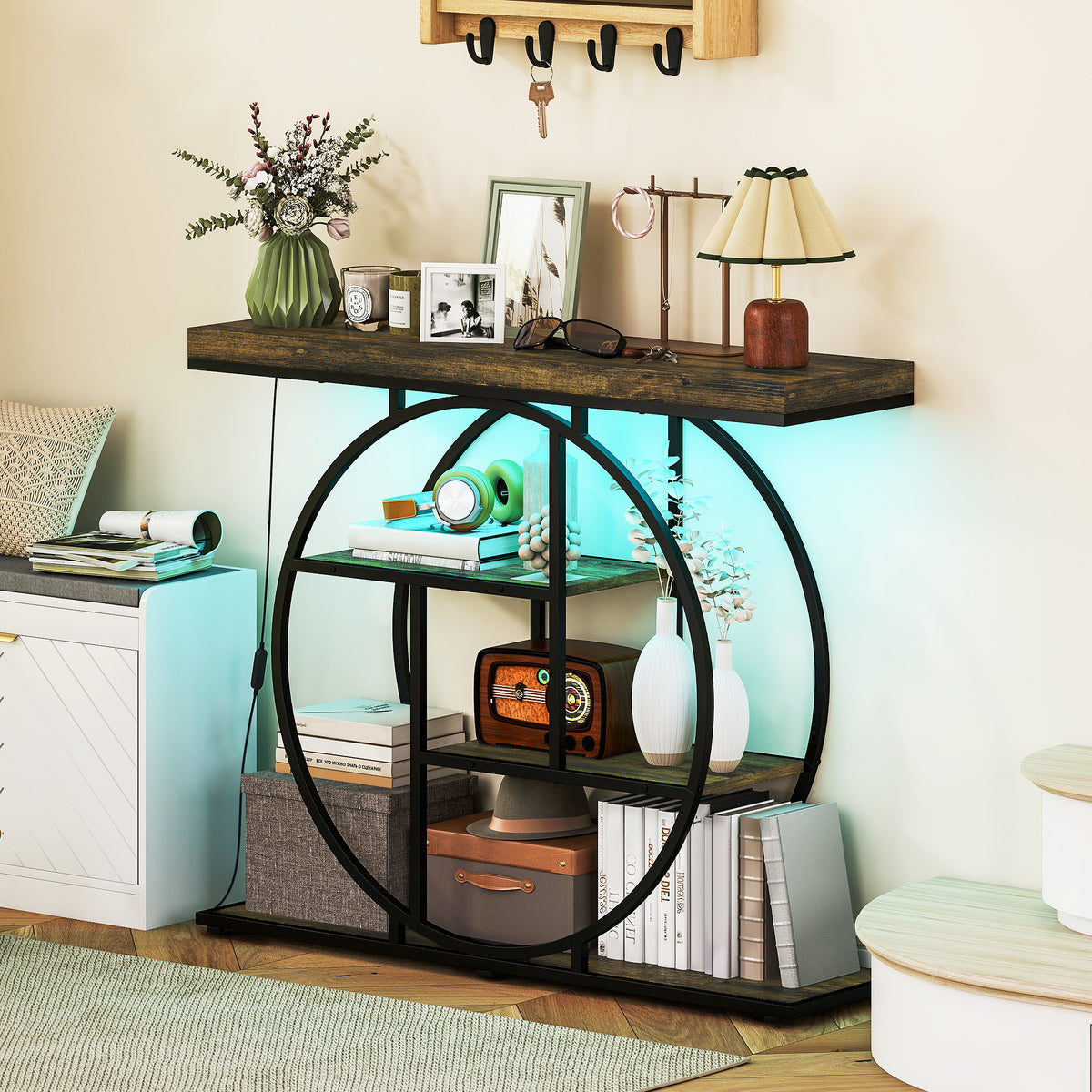 HOMCOM Industrial Console Table with LED Lights, Narrow Hallway Table with Storage Shelves, 100cm, Rustic Brown