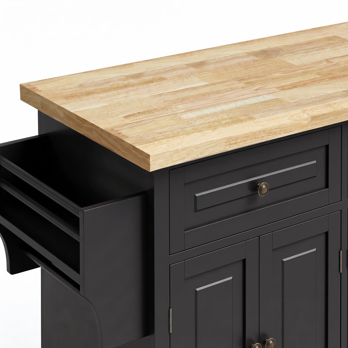 HOMCOM Kitchen Island on Wheels, Rolling Kitchen Trolley with Rubberwood Top, 2 Drawers, Adjustable Shelves, Black