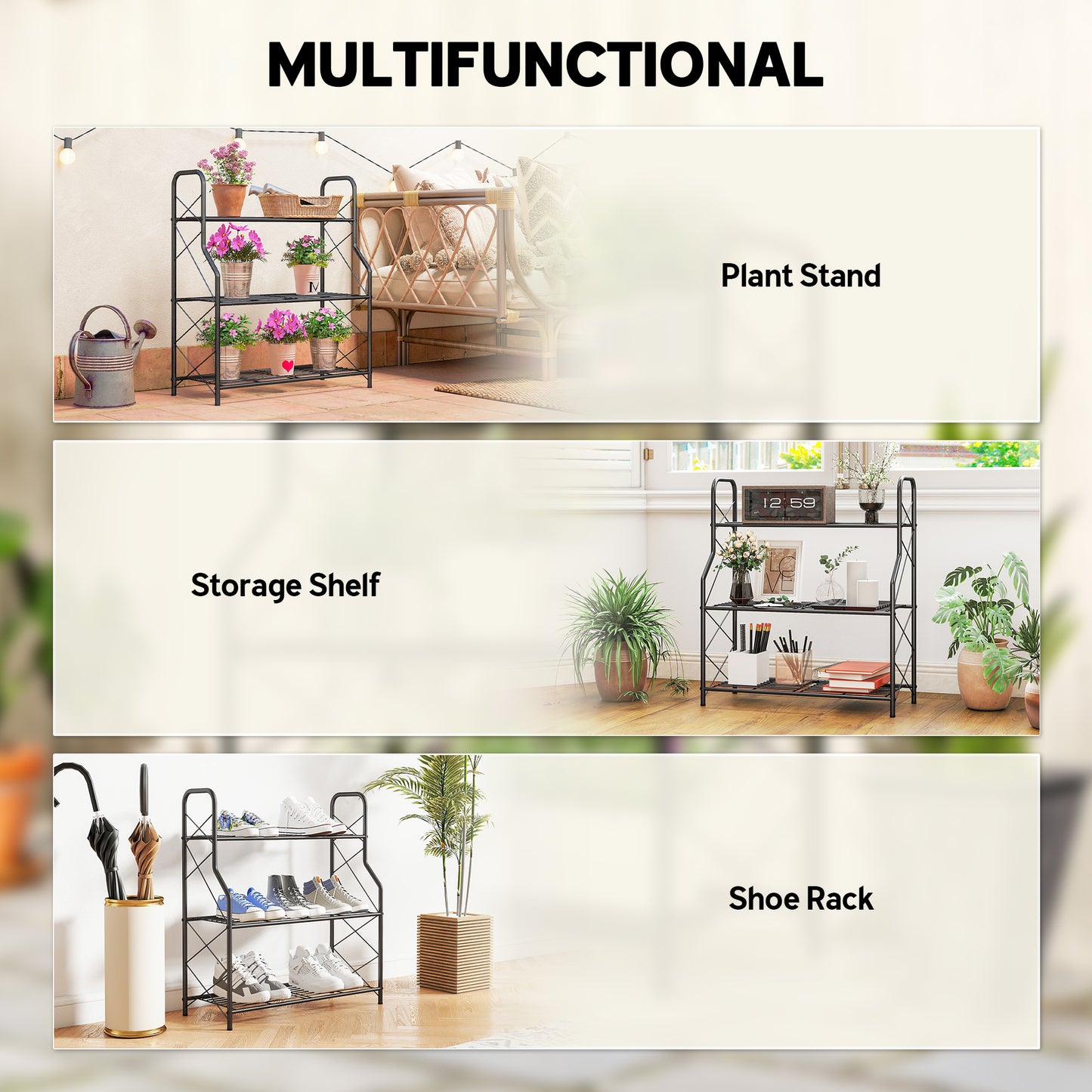 Outsunny 3-Tier Metal Plant Stand, Heavy Duty Ladder Shelf Potted Plants Display Rack, Indoor Outdoor Flower Pot Holder