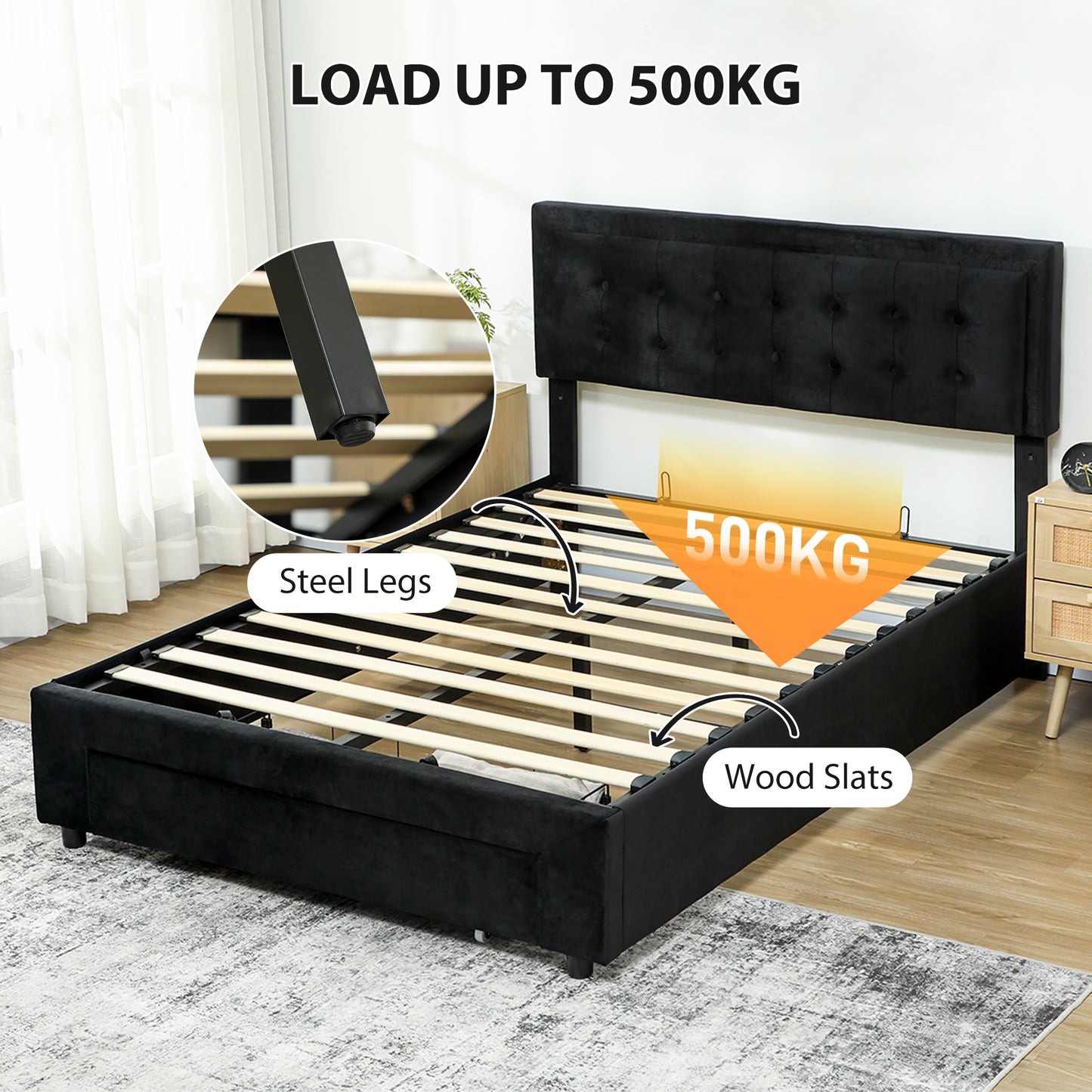 HOMCOM King Ottoman Bed Frame, Upholstered Bed Frame with Storage Drawer and Adjustable Headboard, 5ft, Black