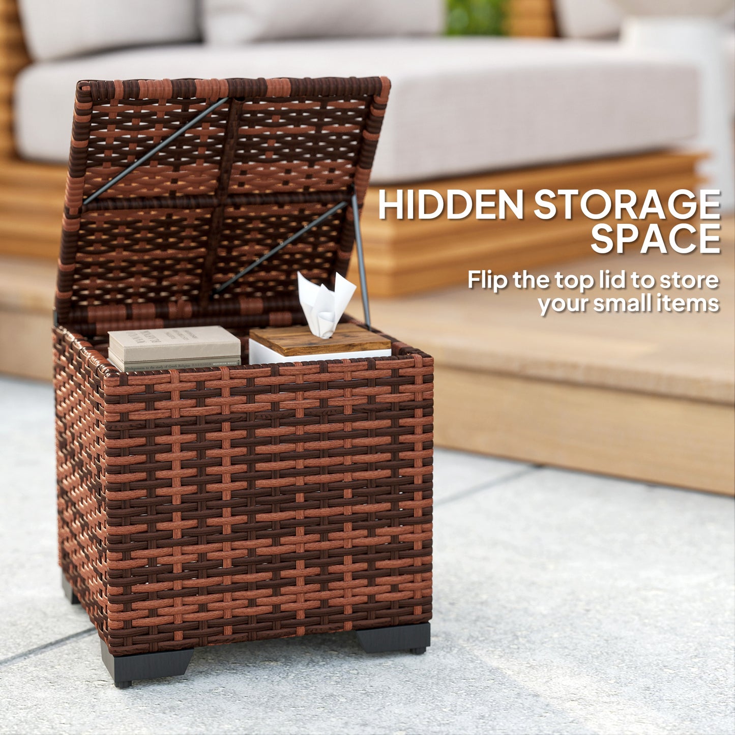 Outsunny Set of 2 Rattan Storage Ottoman, Outdoor Footstool with Removable Cushions, Garden Storage Seat for Balcony, Porch, Living Room, Beige