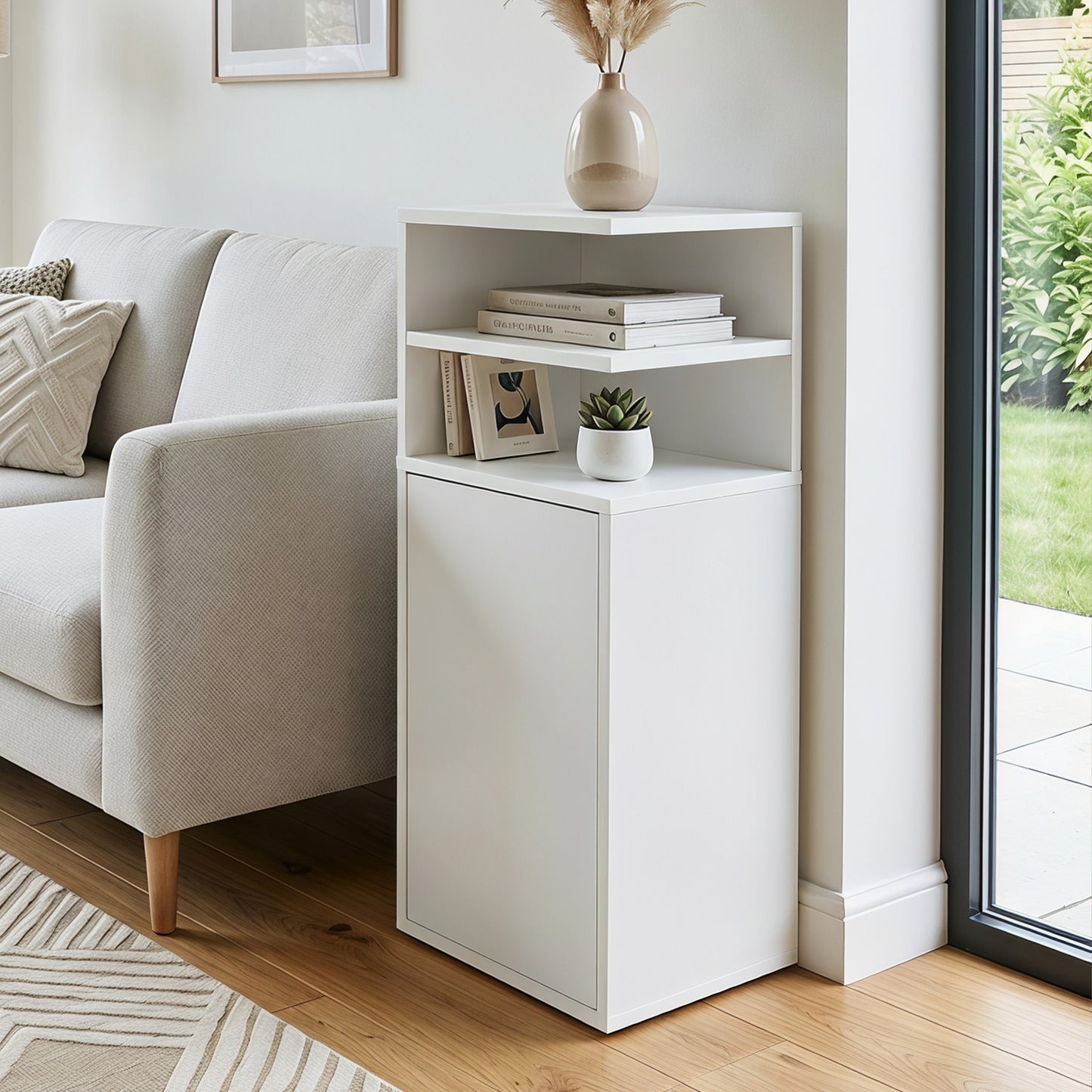 HOMCOM Slim Bedside Table Set of 2, Narrow Bedside Cabinet with Open Cubbies and Cupboard for Bedroom Living Room, White
