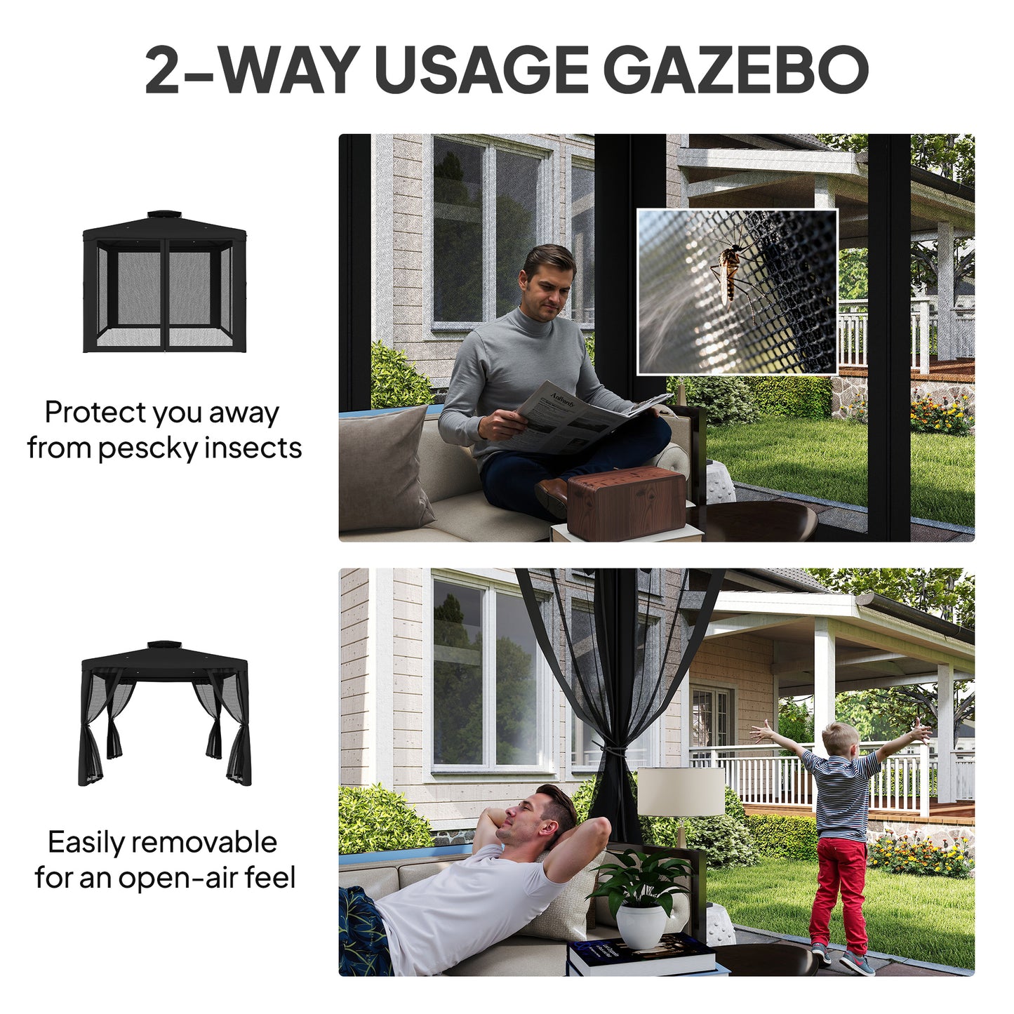 Outsunny 3 x 3 m Metal Gazebo, Garden Pavillion, DoubleÂ Roof Outdoor Canopy Shelter with Mesh Sidewalls, Black