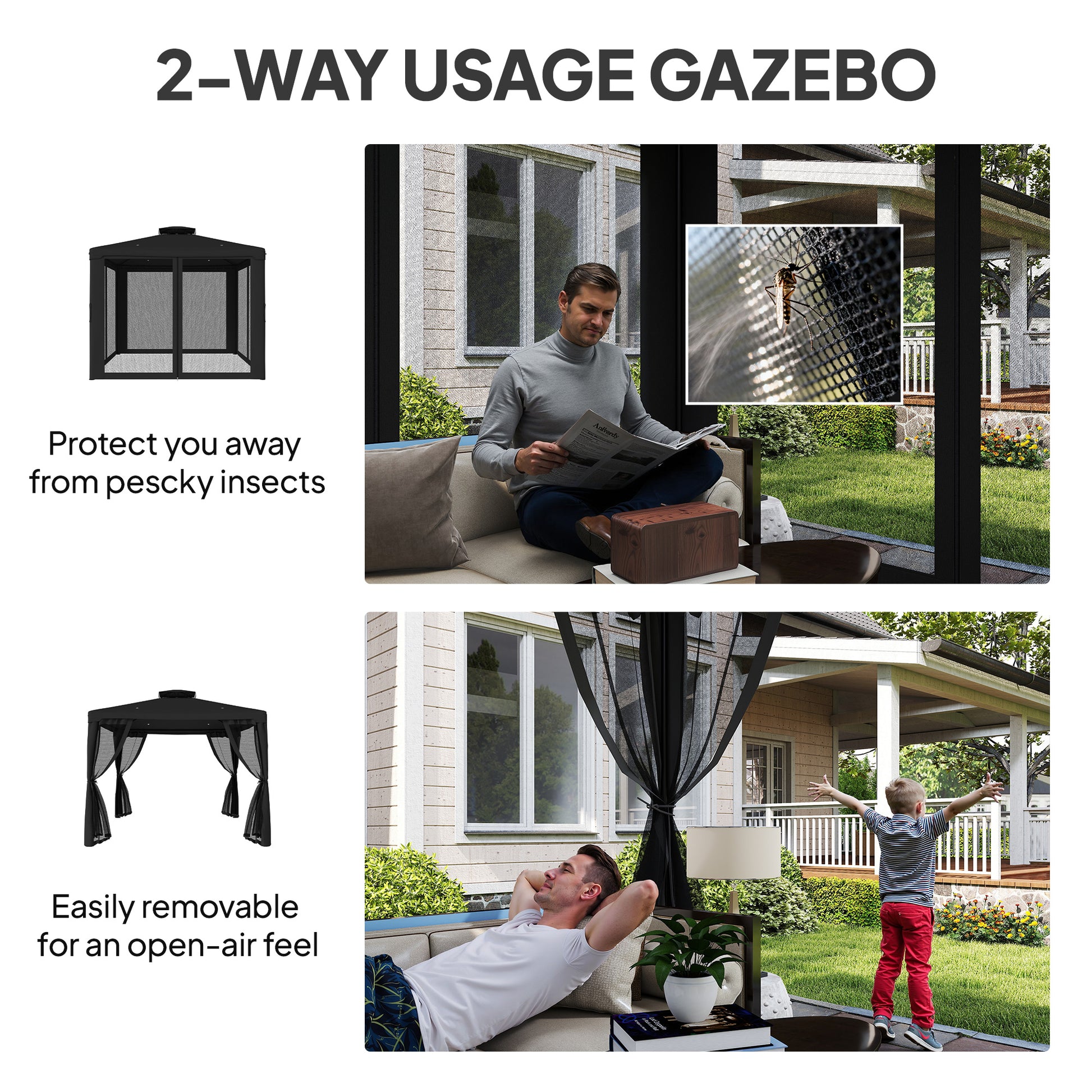 Outsunny 3 x 3 m Metal Gazebo, Garden Pavillion, DoubleÂ Roof Outdoor Canopy Shelter with Mesh Sidewalls, Black