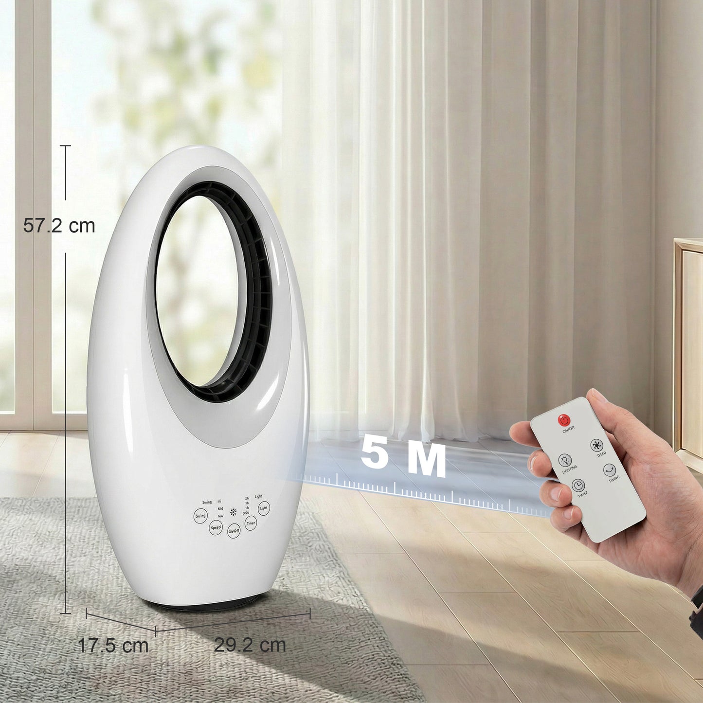 HOMCOM Bladeless Tower Fan, 36dB Standing Cooling Fan with 60Â° Oscillating, LED Lights, 3 Speeds, 7.5H Timer, Remote Control