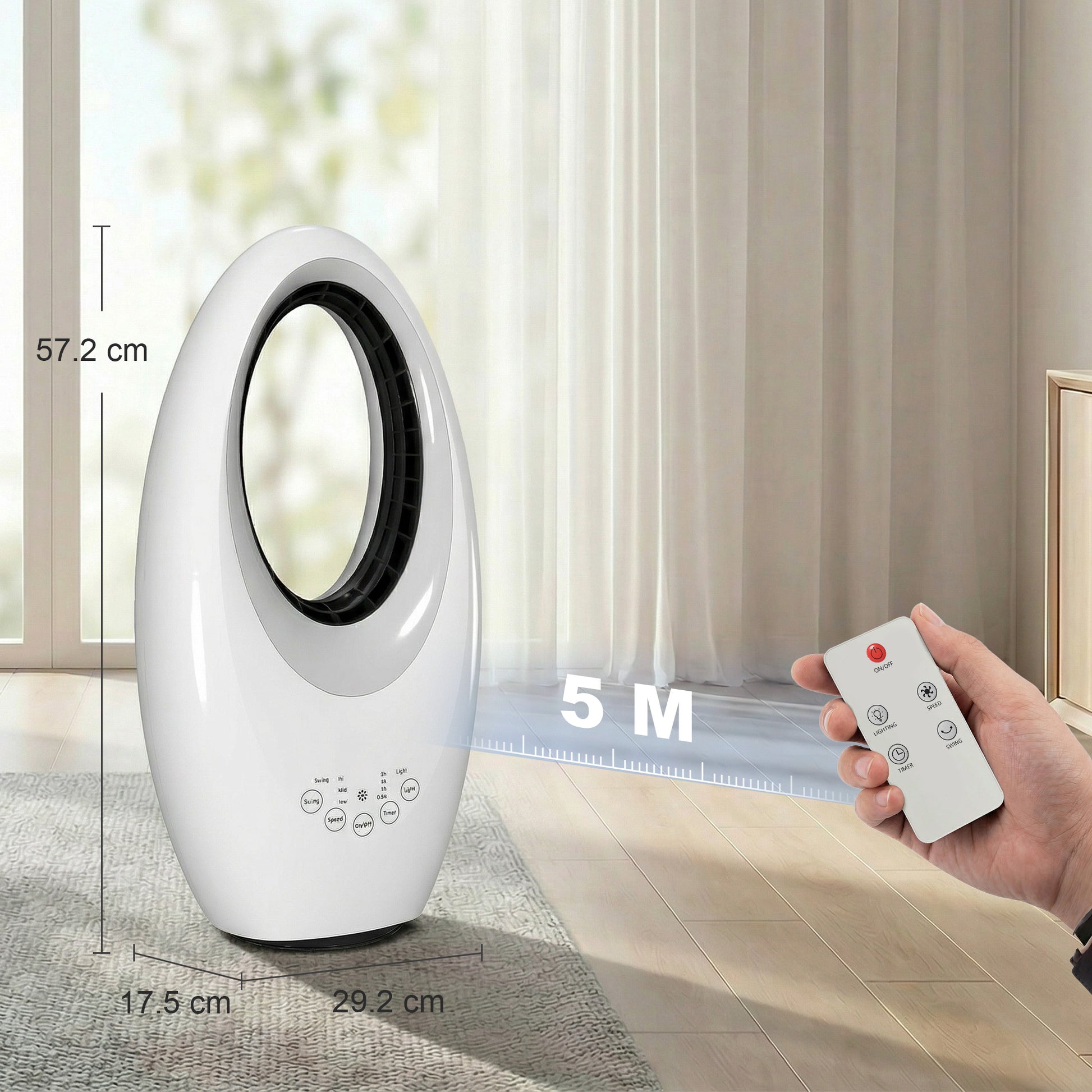 HOMCOM Bladeless Tower Fan, 36dB Standing Cooling Fan with 60Â° Oscillating, LED Lights, 3 Speeds, 7.5H Timer, Remote Control