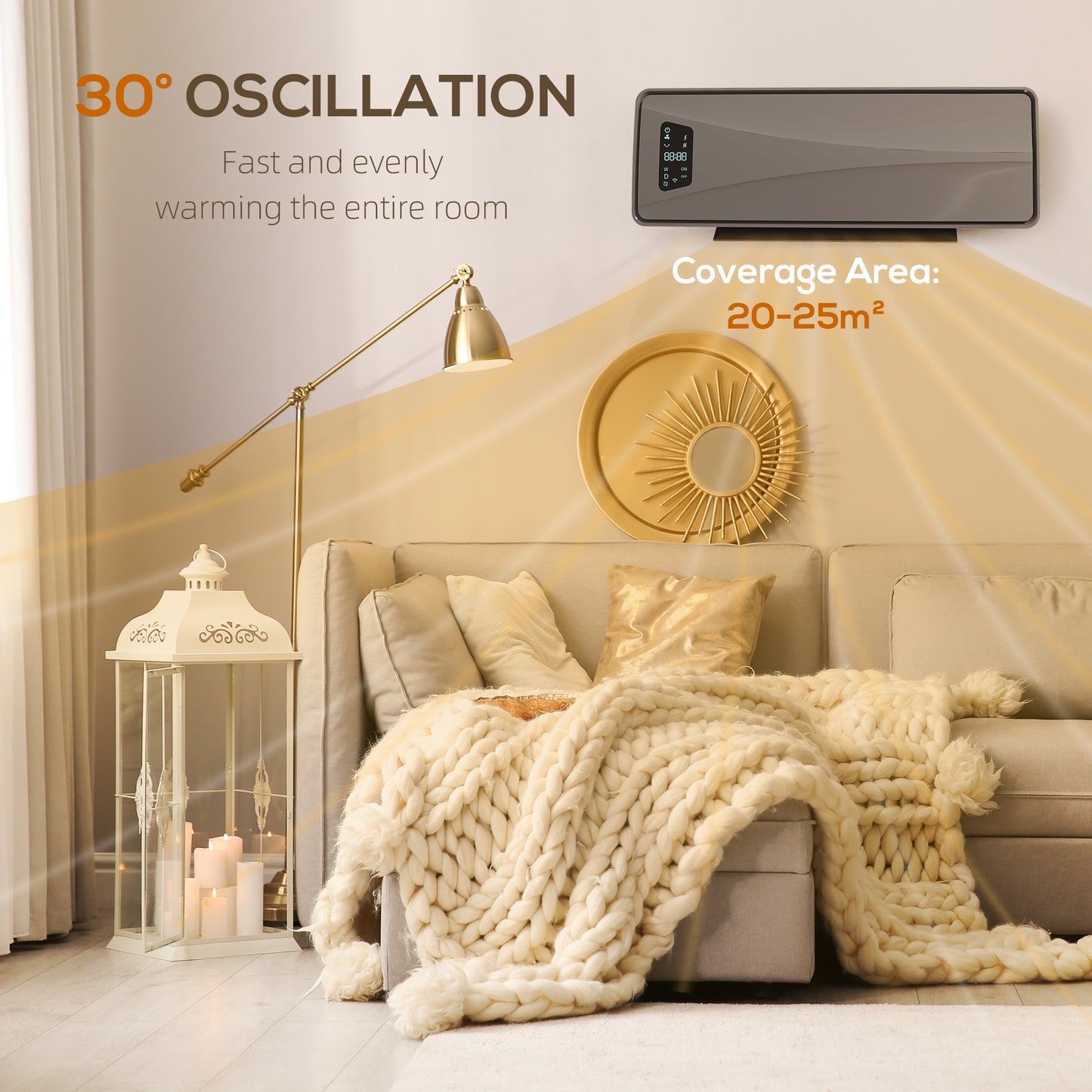 HOMCOM 2000W Ceramic Electric Heater with Fan, Adjustable Thermostat, Wall Mounted - Grey