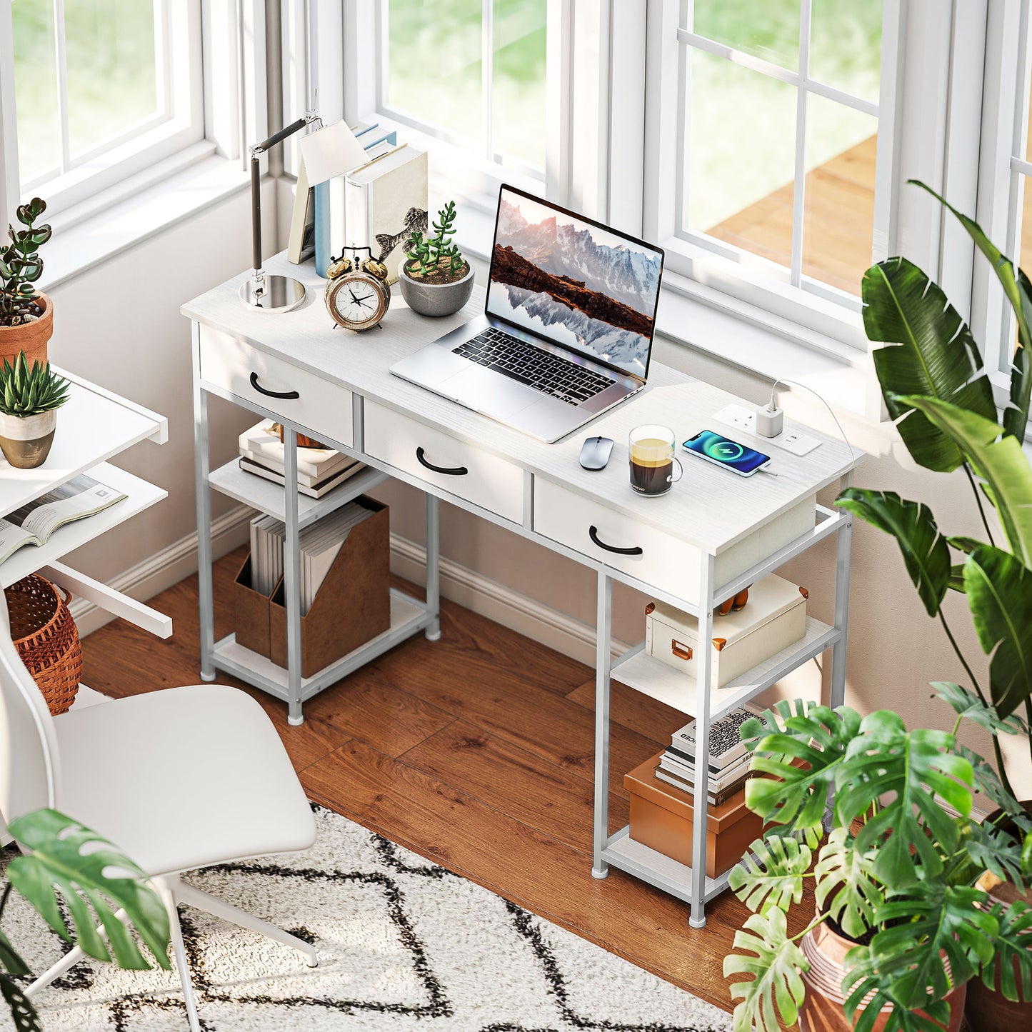 HOMCOM 120cm Computer Desk with Power Outlets, Office Desk Study Table with 3 Fabric Drawers and 4 Storage Shelves, White
