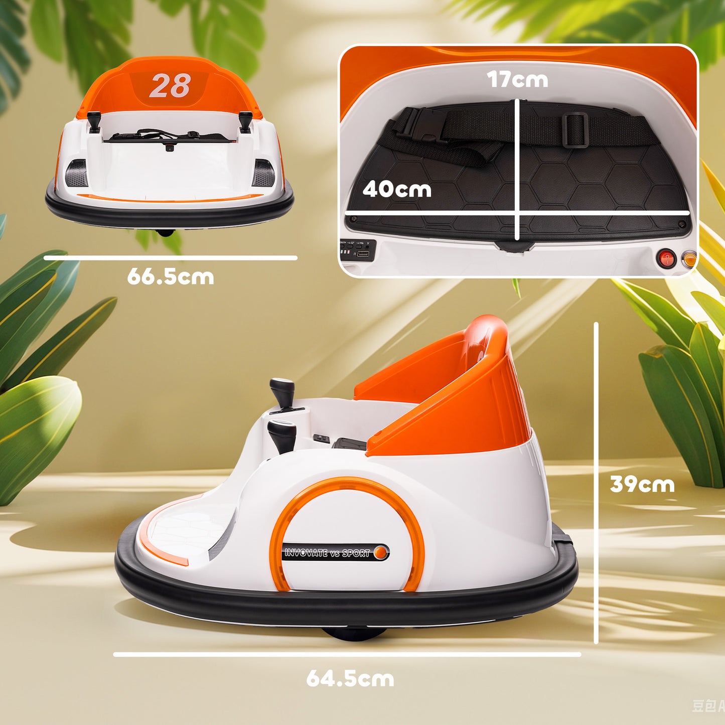 AIYAPLAY 360Â° Rotation Kids Bumper Car, 12V Waltzer Car with Remote Control, Dual Joysticks, Music Lights, Orange