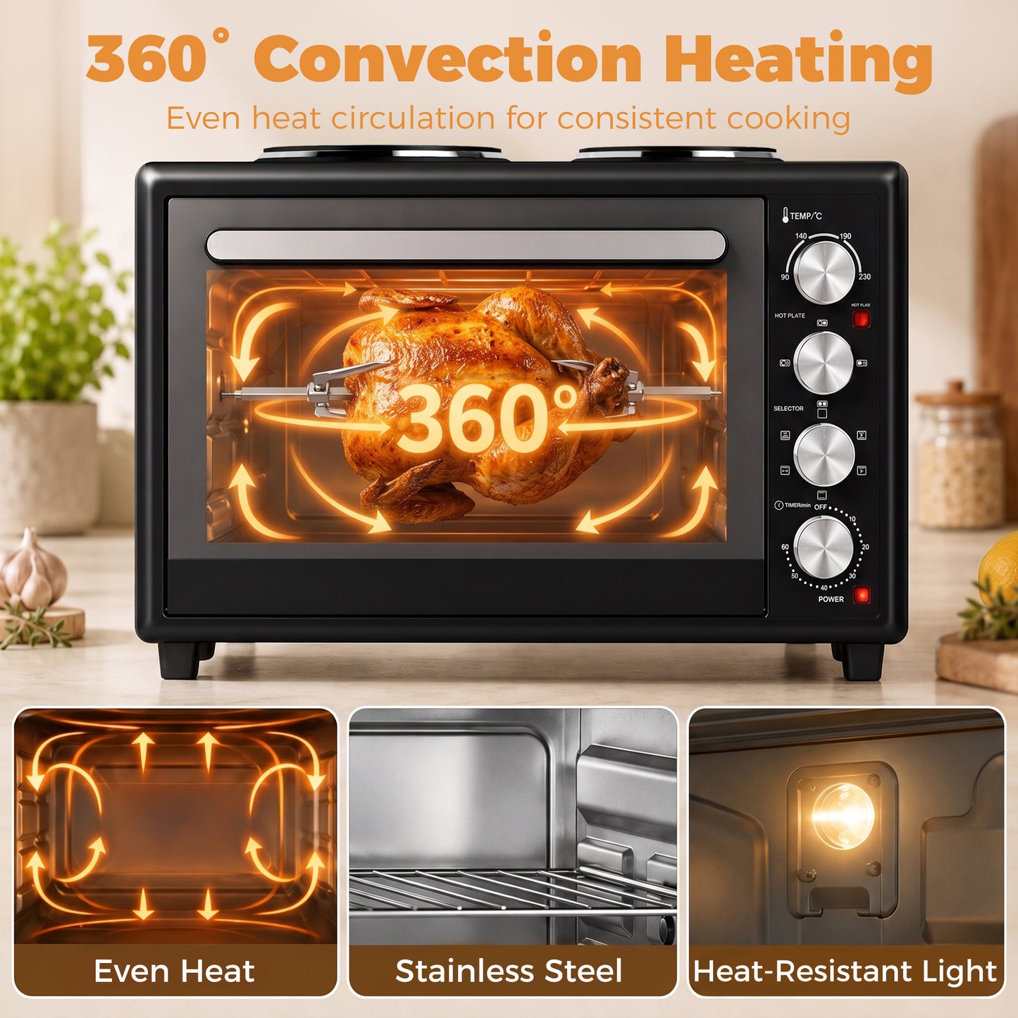 HOMCOM 46L Mini Oven with Dual Hot Plates, Electric Countertop Cooker with Convection, 90â€“230Â°C Adjustable Temperature