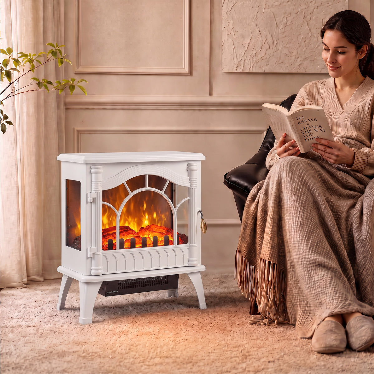 HOMCOM 3-Sided Glass Electric Fire Fan Heater, Electric Fireplace Stove Freestanding Log Burner with Flame Effect, White