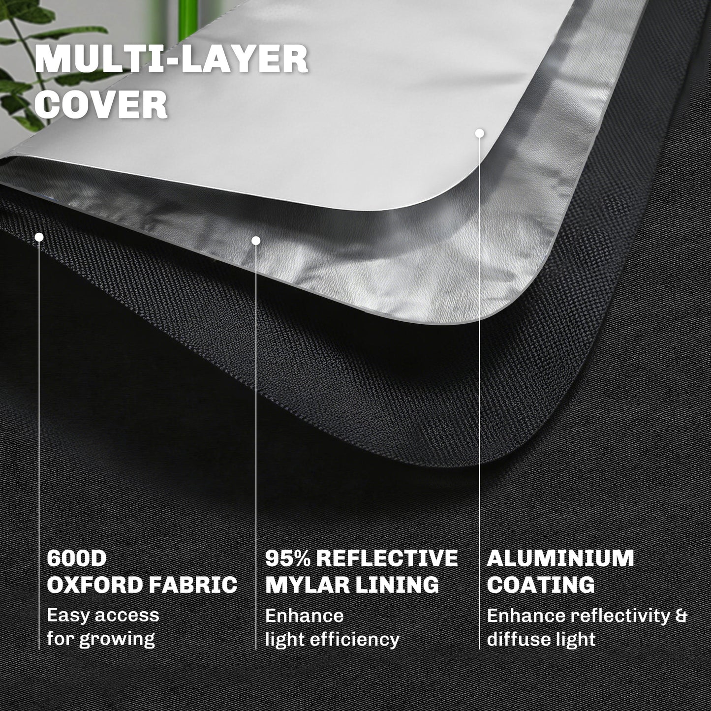 Outsunny Grow Tent 120 x 120 x 200 cm, Reflective Mylar Hydroponic Growing Tent with 600D Oxford Fabric, Observation Window, Vent, Zipper Door for Indoor Plant Growing, Black